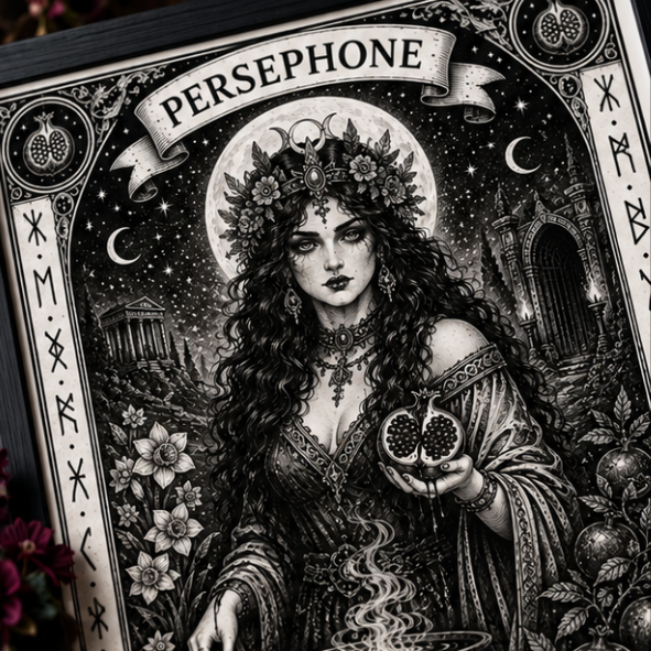 Close-up of Persephone goddess art print with pomegranate, flowers, crescent moons and detailed gothic symbolism