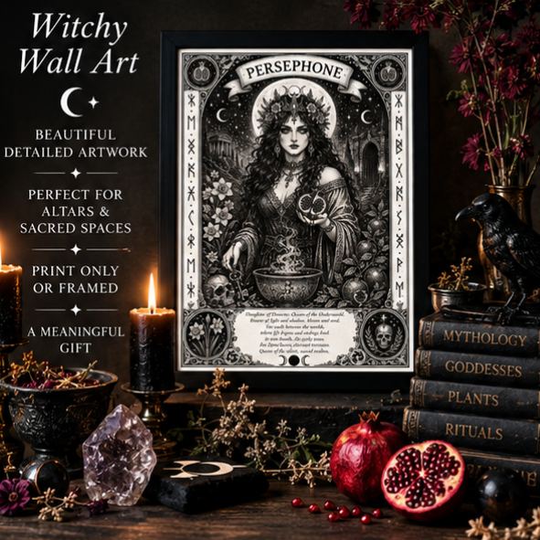 Framed Persephone witchy wall art displayed with pomegranates, candles, crystals and gothic altar decor