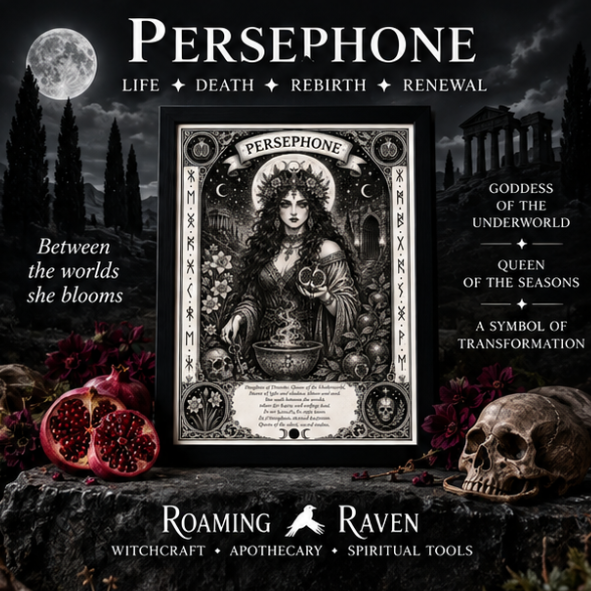 A4 Persephone art print in black frame with pomegranates and Underworld imagery, available framed or unframed