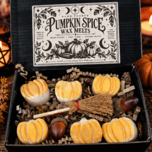 Pumpkin Spice wax melts gift box with pumpkin shaped wax melts, mini broom and autumn decorations