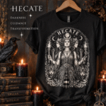 Hecate goddess black T-shirt with triple goddess, wolves, torches, keys and moon design by Roaming Raven