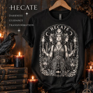 Hecate goddess black T-shirt with triple goddess, wolves, torches, keys and moon design by Roaming Raven