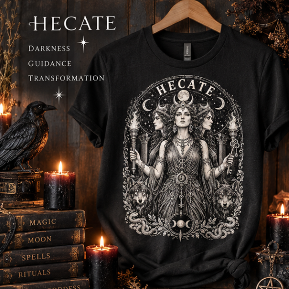 Hecate goddess black T-shirt with triple goddess, wolves, torches, keys and moon design by Roaming Raven