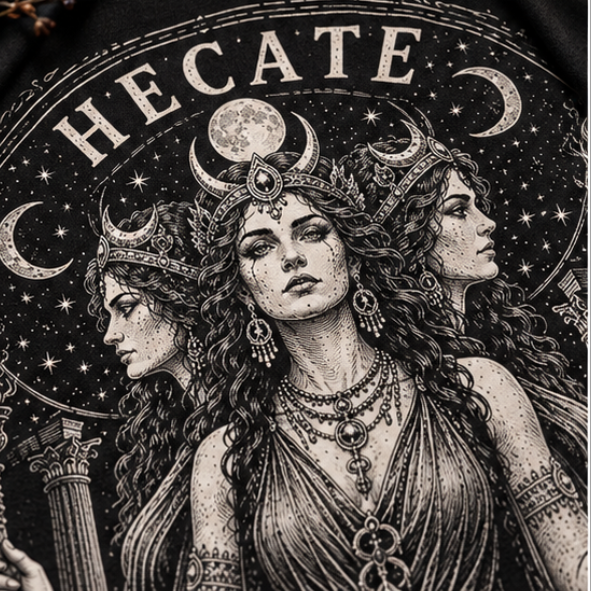 Close-up of Hecate T-shirt artwork showing triple goddess, crescent moons, torches and occult details