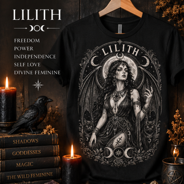 Lilith goddess black T-shirt with moon, wings, black cats and witchy gothic artwork by Roaming Raven