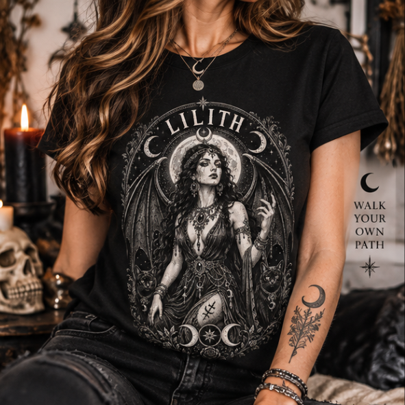Woman wearing black Lilith goddess T-shirt with detailed moon and occult inspired artwork