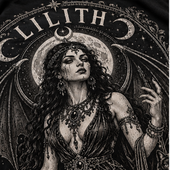 Close-up of Lilith T-shirt artwork showing goddess, crescent moons, wings, black cats and celestial details