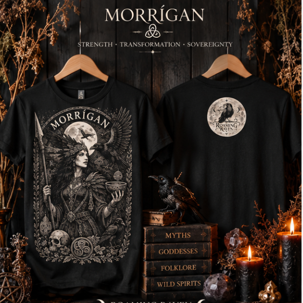 The Morrigan goddess black T-shirt with raven, moon, skull and Celtic inspired witchy artwork by Roaming Raven
