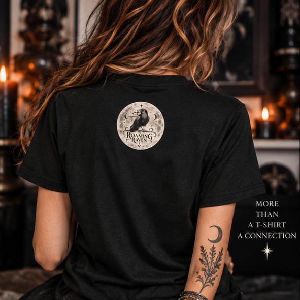 Woman wearing black Morrigan goddess T-shirt with raven and gothic Celtic artwork