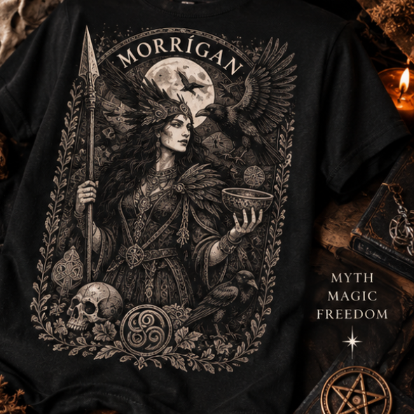 Black Morrigan witchcraft T-shirt by Roaming Raven with detailed Celtic goddess and raven design