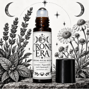 Open Crone Era Cooling Pulse Roller with the cap beside it, surrounded by illustrated lavender, peppermint and chamomile.