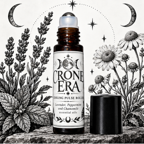 Open Crone Era Cooling Pulse Roller with the cap beside it, surrounded by illustrated lavender, peppermint and chamomile.