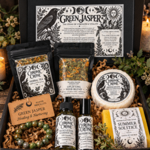 Chronic Crone uplifting witchy self-care gift box with Green Jasper bracelet, herbal tea, shower steamer, massage oil, pulse roller and handmade soap.