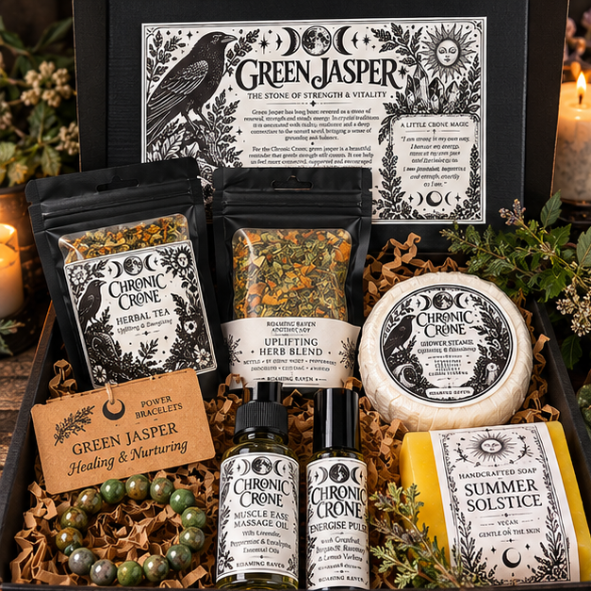 Chronic Crone uplifting witchy self-care gift box with Green Jasper bracelet, herbal tea, shower steamer, massage oil, pulse roller and handmade soap.