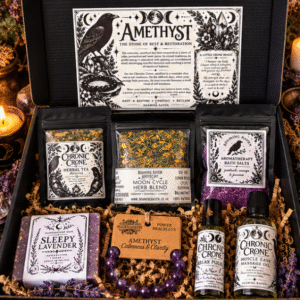 Chronic Crone relaxing witchy self-care gift box with Amethyst bracelet, herbal tea, bath salts, lavender soap, massage oil and pulse roller.