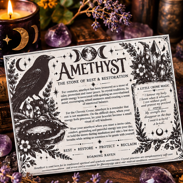 Amethyst crystal information and affirmation card from the Chronic Crone gift box, with raven, moon, botanical and crystal illustrations.