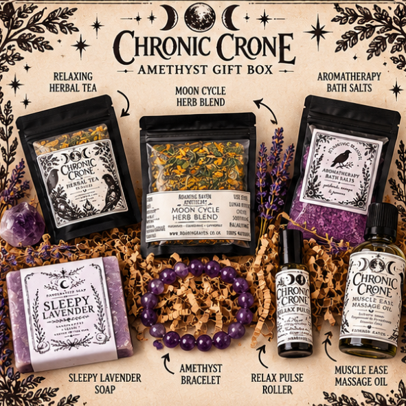 Chronic Crone relaxing gift box contents including Amethyst bracelet, relaxing herbal tea, Moon Cycle herb blend, bath salts, lavender soap, pulse roller and massage oil.