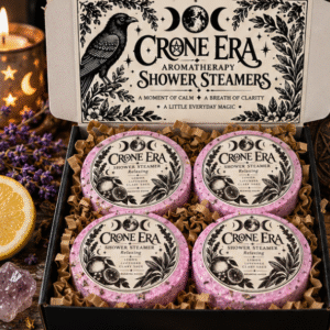 Crone Era aromatherapy shower steamer gift box with four relaxing lemon, lavender and clary sage shower steamers by Roaming Raven.