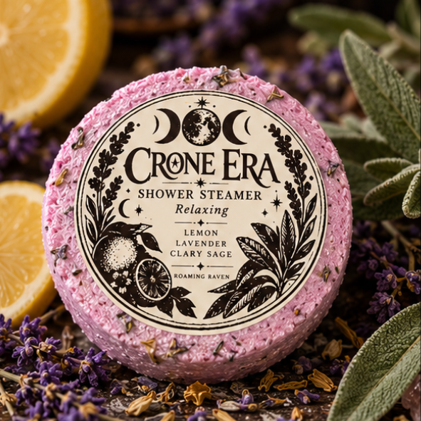 Pink Crone Era relaxing shower steamer with lemon, lavender and clary sage, surrounded by botanical ingredients.