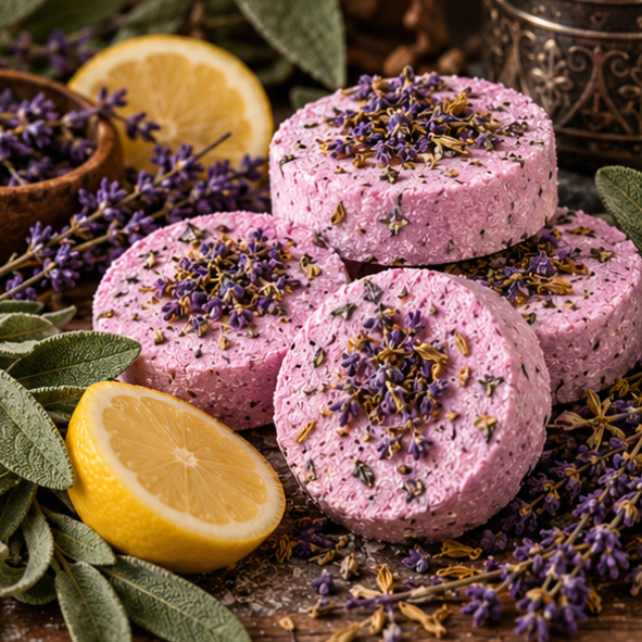 Set of four pink aromatherapy shower steamers with lemon, lavender and clary sage for a witchy menopause self care gift.