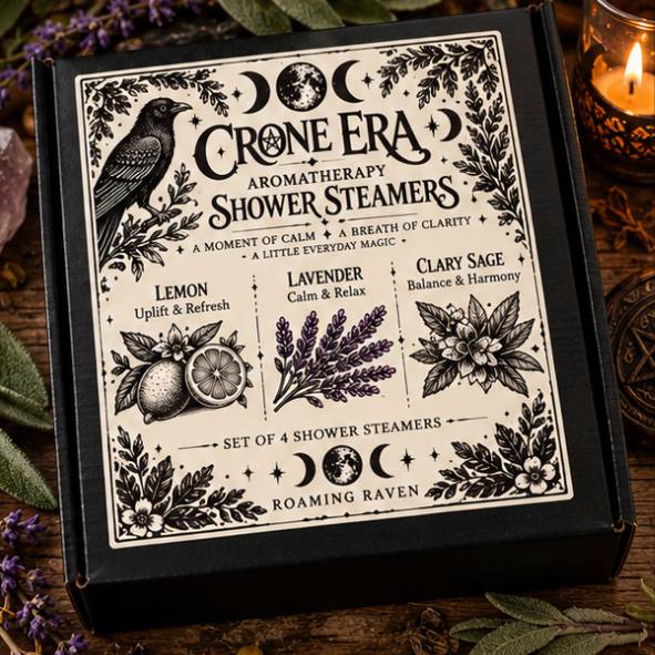 Crone Era shower steamer gift box with illustrated black and white Roaming Raven label featuring lemon, lavender and clary sage.