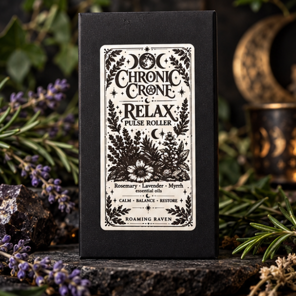 Black Roaming Raven Chronic Crone Relax Pulse Roller presentation box with an ornate botanical label, styled with lavender and rosemary.