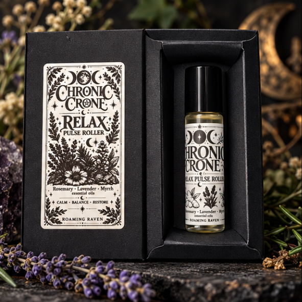 Open black presentation box showing the Chronic Crone Relax Pulse Roller bottle beside its decorated outer sleeve.
