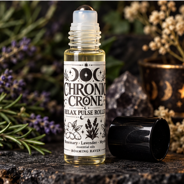 Uncapped Chronic Crone Relax Pulse Roller bottle showing the roller ball applicator, with its black cap beside it.