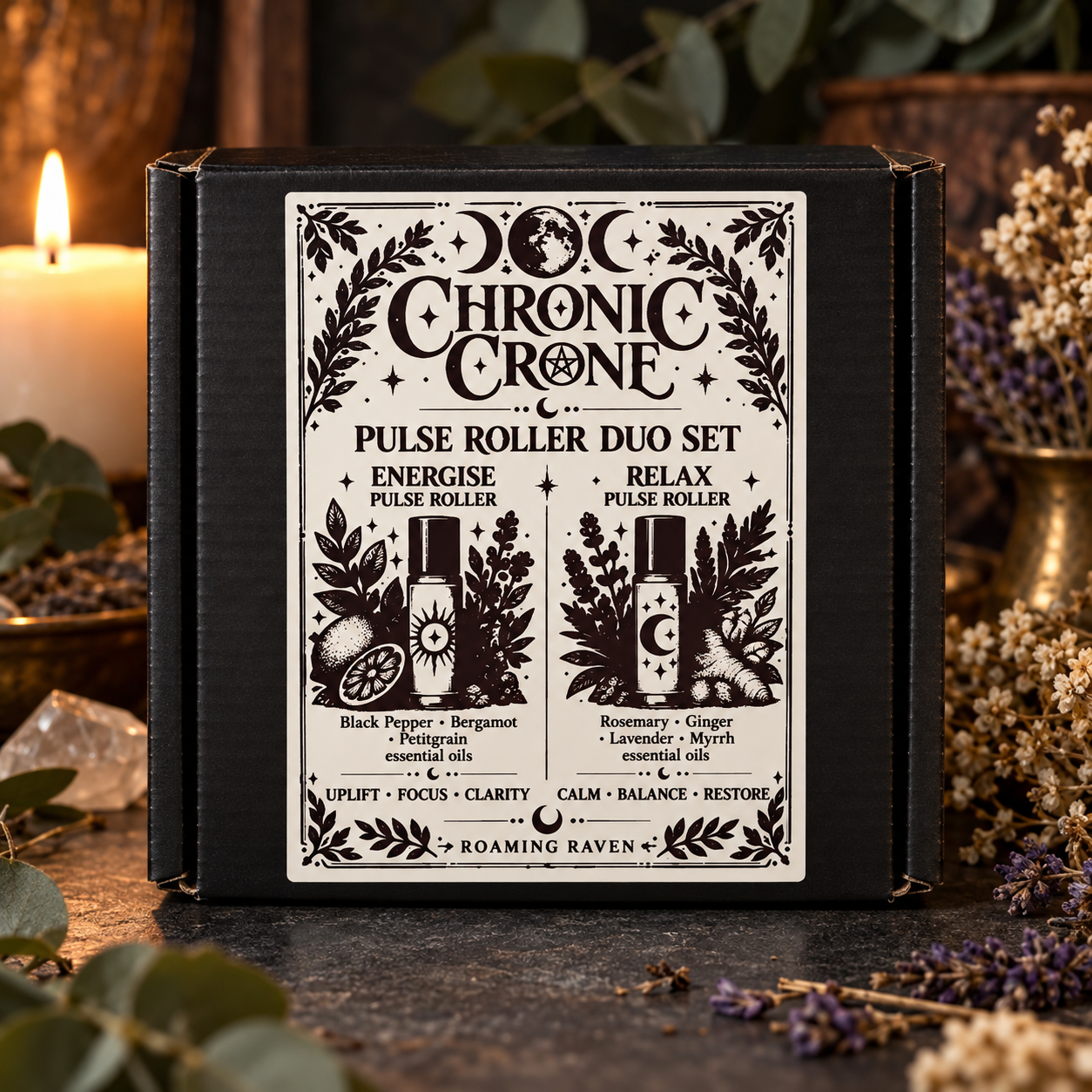 Closed black Chronic Crone Pulse Roller Duo gift box with its black and white moon and botanical label.
