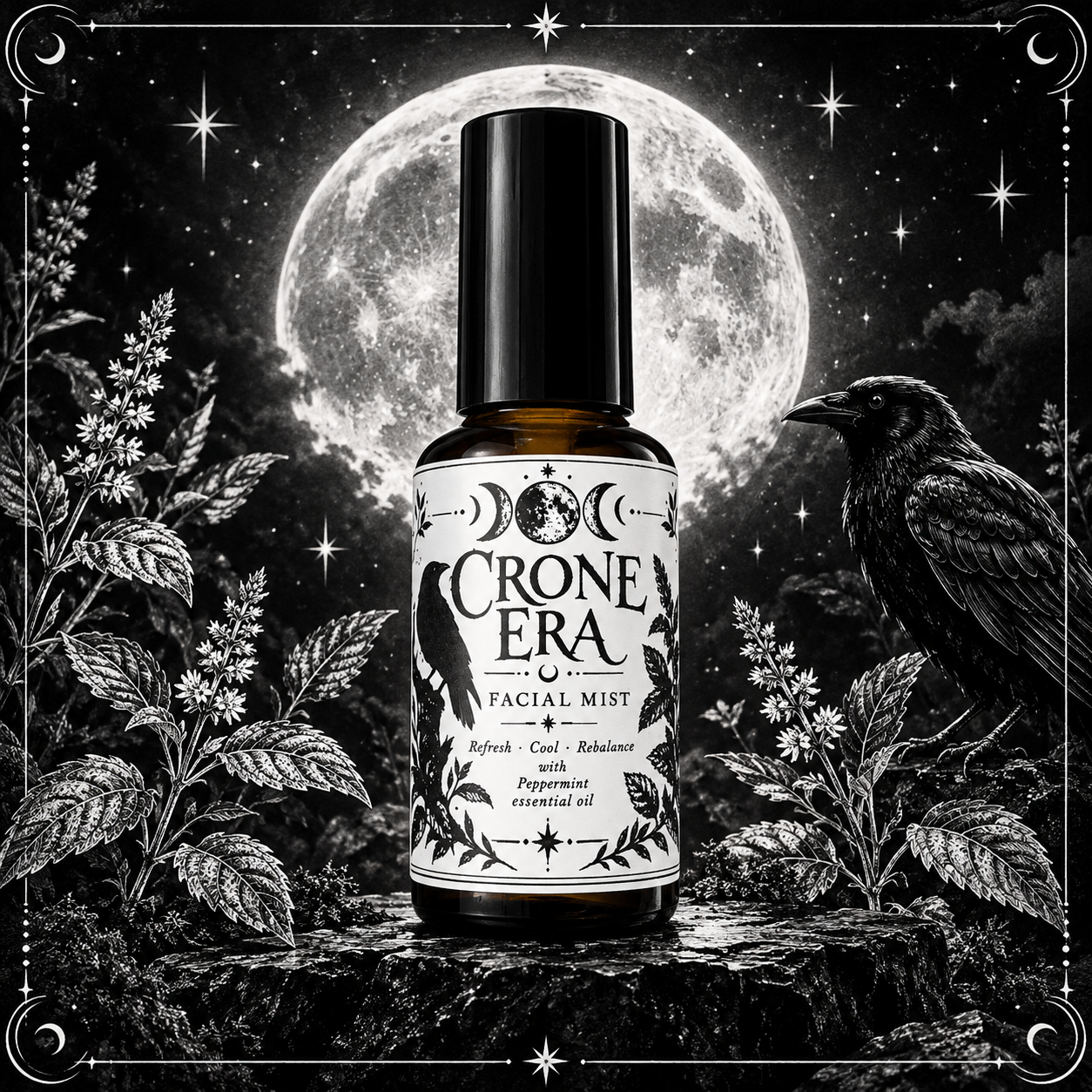 Crone Era Facial Mist bottle against a moonlit black background with stars, peppermint illustrations and a raven.