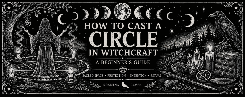 Black and white illustration of a witch casting a ritual circle surrounded by candles and elemental symbols, with moon phases, crystals, magical tools and a raven.
