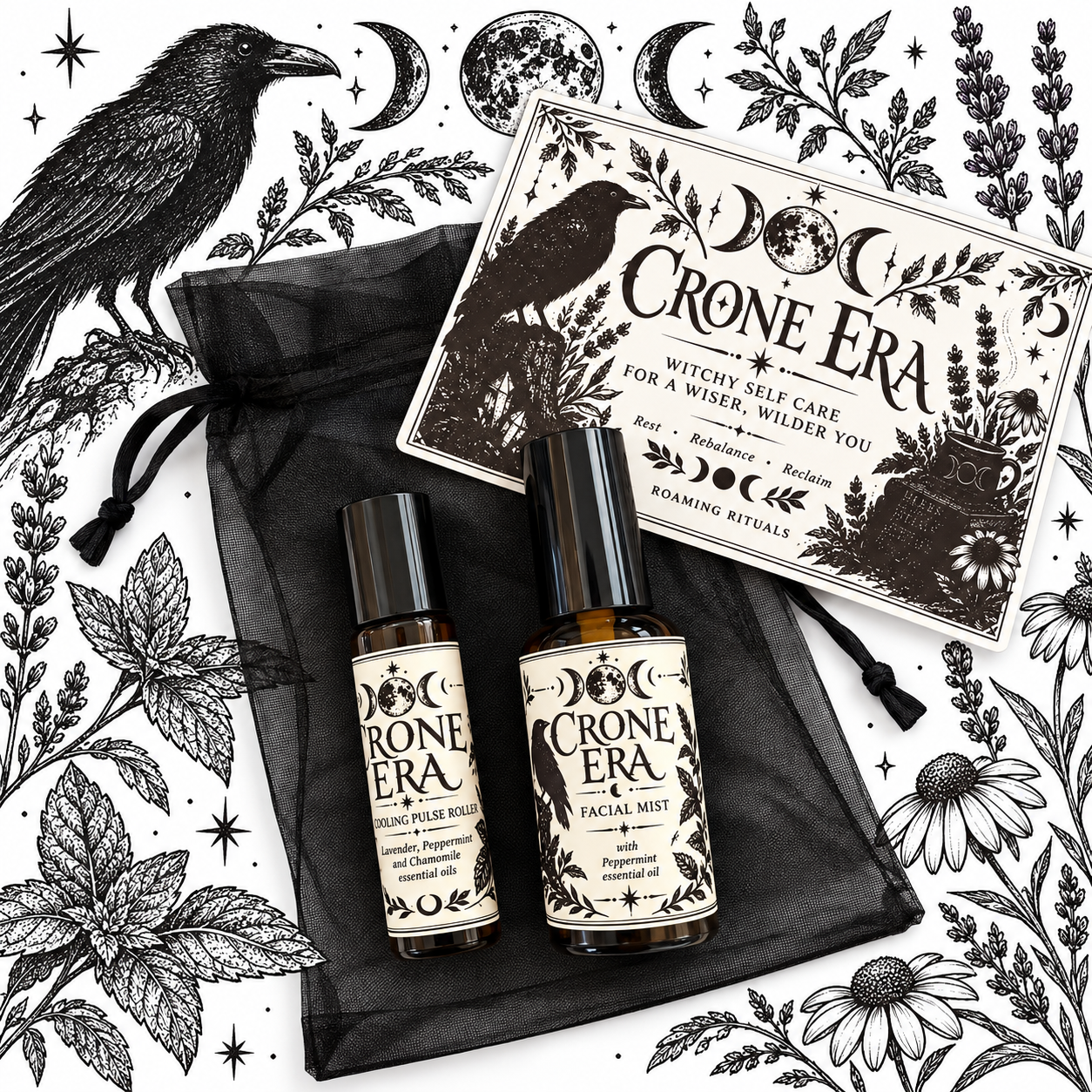 Crone Era Self-Care Duo | Cooling Pulse Roller & Peppermint Facial Mist | Menopause-Inspired Witchy Gift Set with Organza Bag