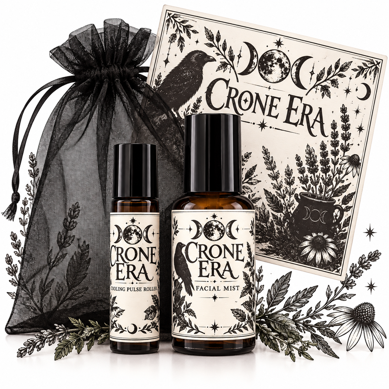 Crone Era Self-Care Duo | Cooling Pulse Roller & Peppermint Facial Mist | Menopause-Inspired Witchy Gift Set with Organza Bag - Image 6