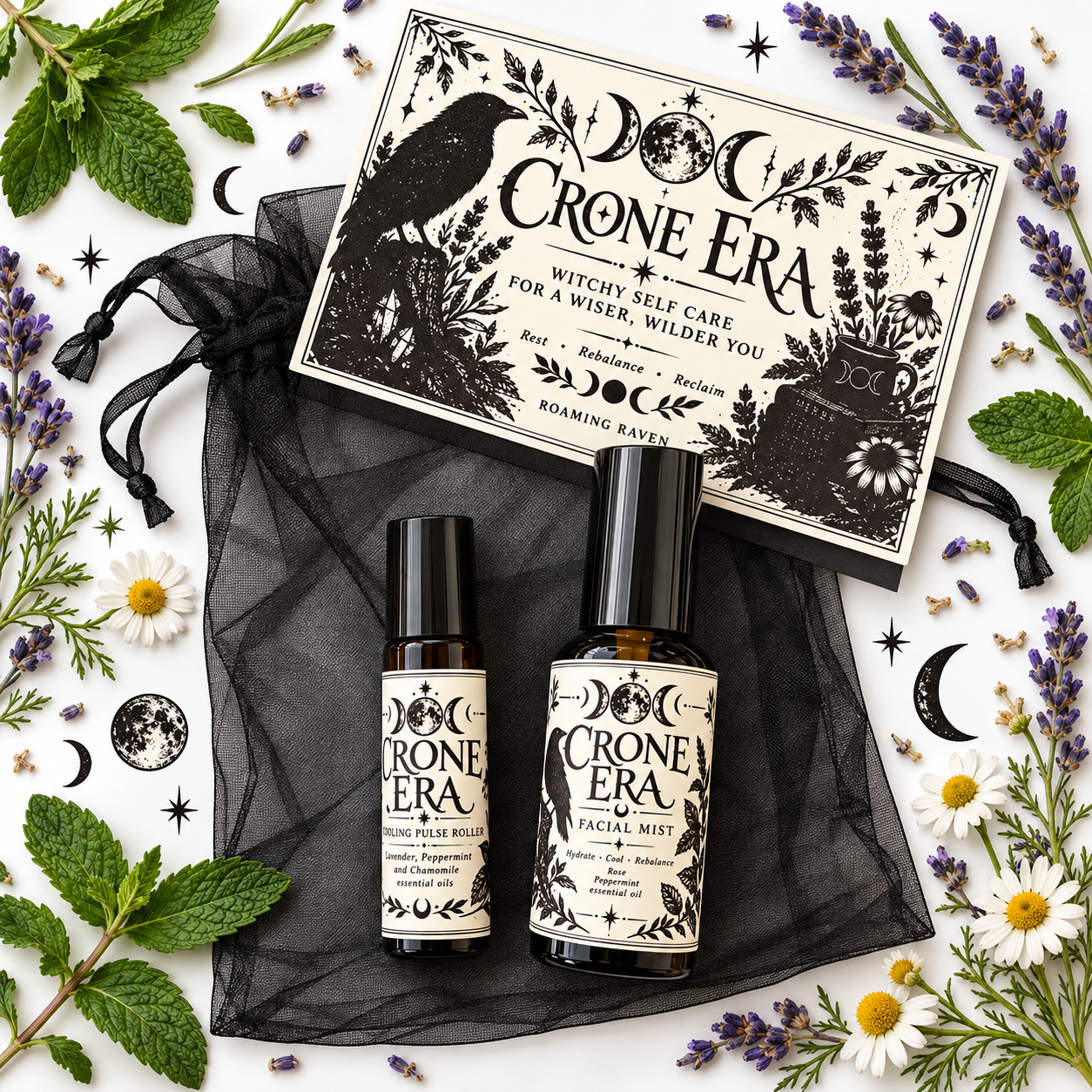 Crone Era Self-Care Duo | Cooling Pulse Roller & Peppermint Facial Mist | Menopause-Inspired Witchy Gift Set with Organza Bag - Image 5