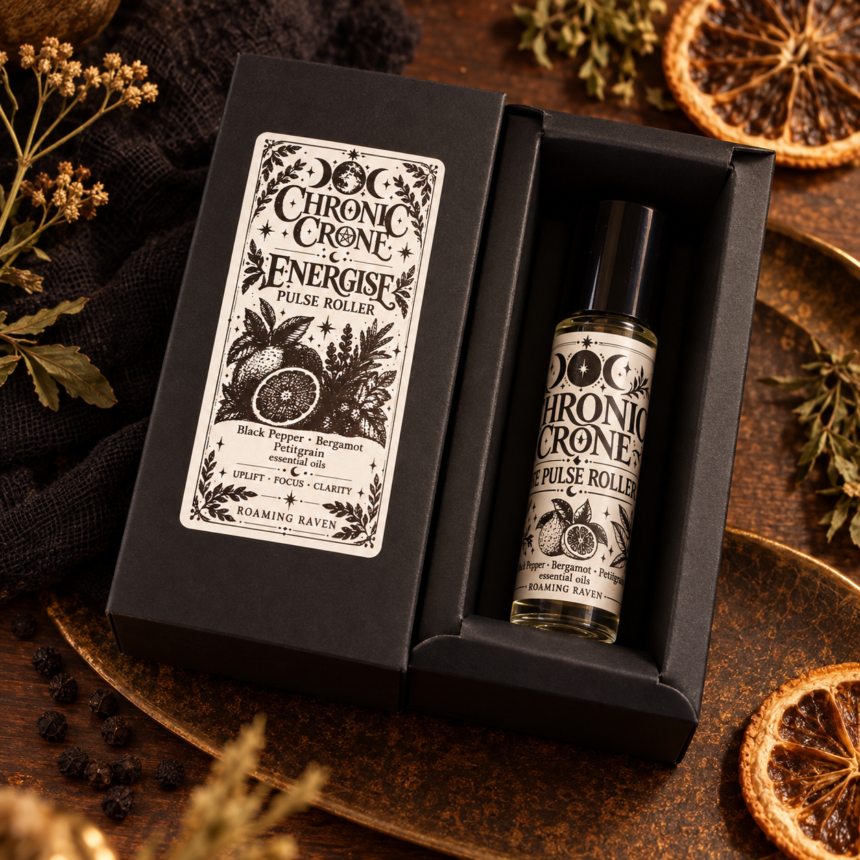 Open black Chronic Crone Energise box showing one pulse roller bottle inside its fitted tray.
