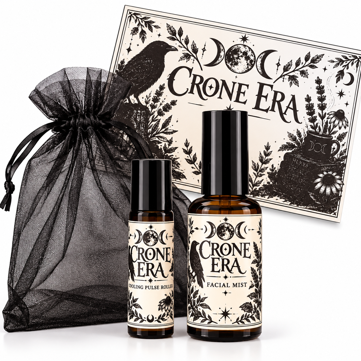 Crone Era Self-Care Duo | Cooling Pulse Roller & Peppermint Facial Mist | Menopause-Inspired Witchy Gift Set with Organza Bag - Image 3