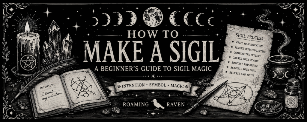 Black and white witchcraft illustration showing a Book of Shadows, candle, crystals and hand-drawn sigils beneath moon phases for a beginner’s guide to making sigils.
