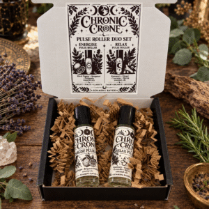 Open Chronic Crone Pulse Roller Duo gift box with Energise and Relax roller bottles nestled in kraft paper beneath the illustrated inside lid.