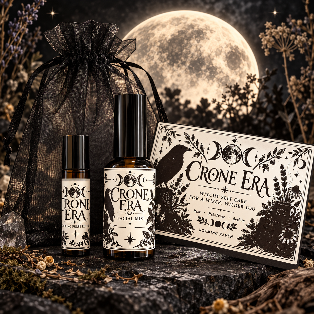Crone Era Self-Care Duo | Cooling Pulse Roller & Peppermint Facial Mist | Menopause-Inspired Witchy Gift Set with Organza Bag - Image 4