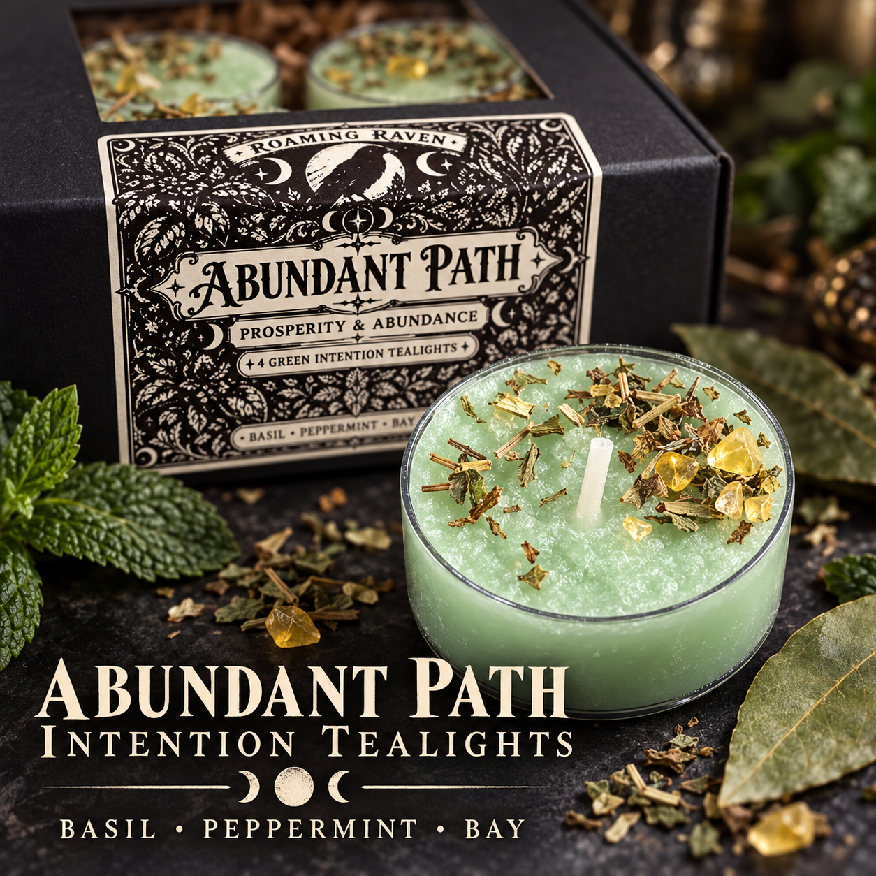 Open black Abundant Path gift box holding four green herbal tealights beneath “A Little Ritual of Abundance” lettering.