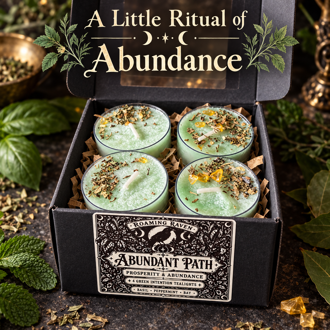 Close-up of a pale green tealight topped with dried herbs and yellow decorative chips, beside a labelled Abundant Path black gift box.