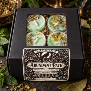 Overhead view of four green herbal tealights in an open black box beneath “Plant Your Intentions” lettering, framed by botanical and moon decorations.