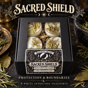 Closed and open views of the Sacred Shield black gift box, showing four white herbal tealights beneath “A Little Ritual of Protection” lettering.