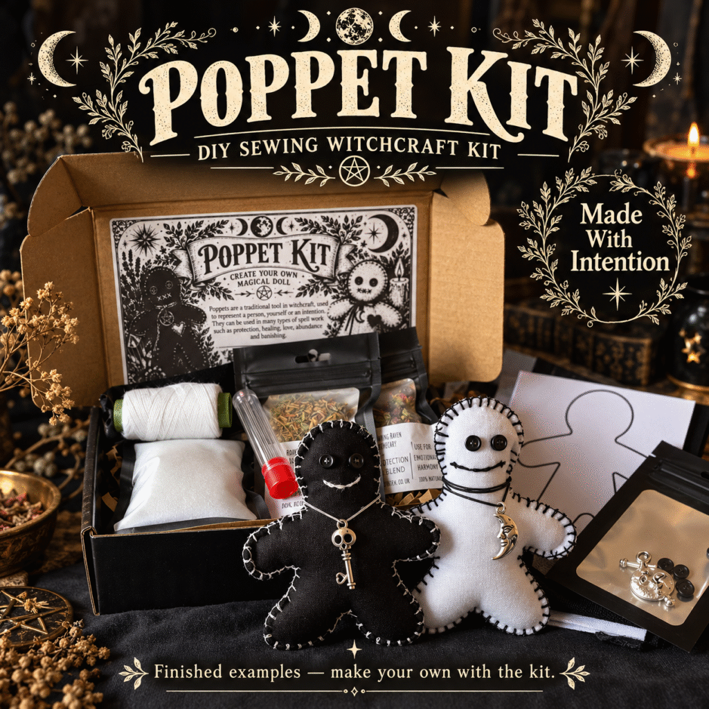 Poppet-making materials including black and white fabric, thread, stuffing, herb pouches, needle tube, buttons, charms and paper guides.