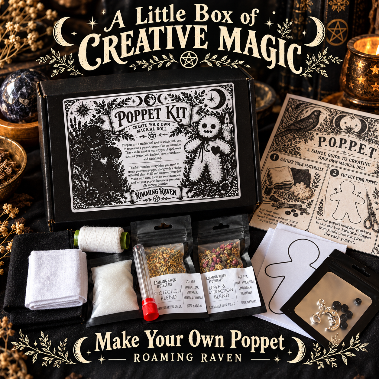 Open Poppet Kit box with sewing materials, herb pouches and two finished black and white dolls labelled as examples.