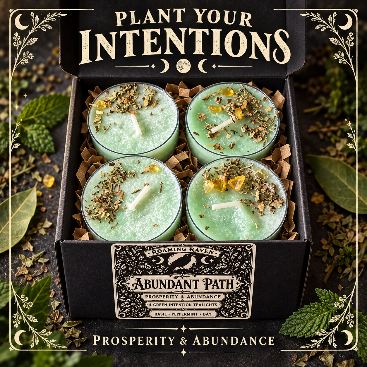 Black Abundant Path window box containing four pale green herbal tealights, surrounded by mint leaves, bay leaves and botanical decorations.