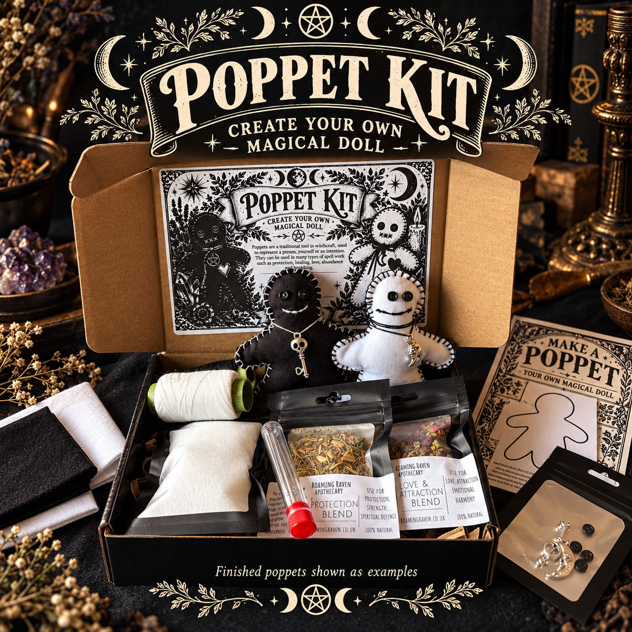 Closed black Poppet Kit box with an illustrated label, surrounded by sewing supplies, herb pouches, fabric, template and instructions.
