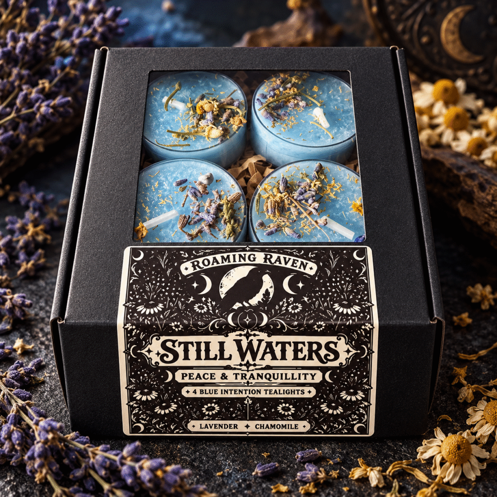 Angled view of a black Still Waters window box holding four blue herbal tealights beneath “A Little Ritual of Peace” lettering.